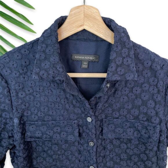 Banana Republic Floral Embroidered Peplum Button-Front Shirt in Navy - Picture 6 of 9